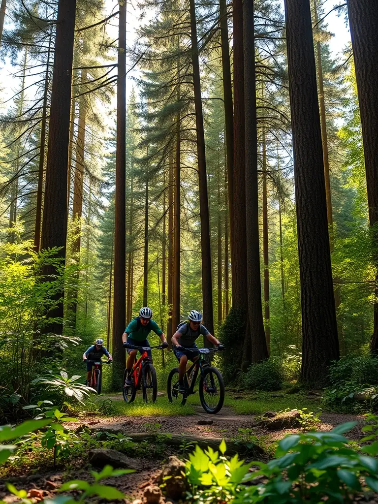 A group of cyclists riding through lush forest trails with mountain bikes, showcasing the natural beauty of the local terrain.