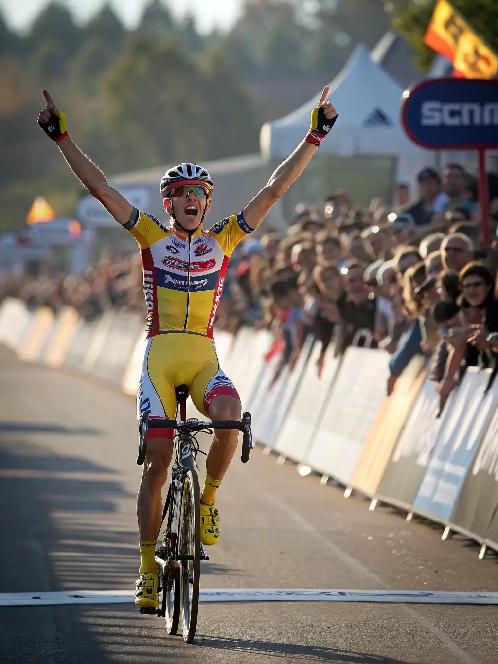 A lively scene of cyclists crossing the finish line at a local event, with spectators cheering and banners flying.