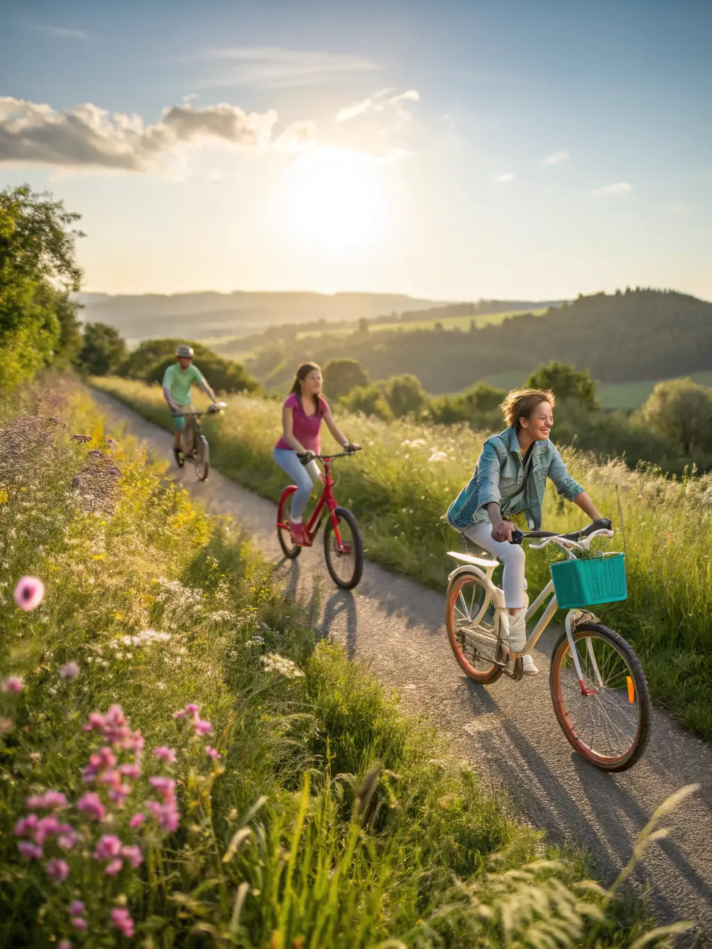 A vibrant image of the 'Family Fun Ride' event, featuring cyclists of all ages enjoying a leisurely ride through scenic trails, with smiles and laughter.