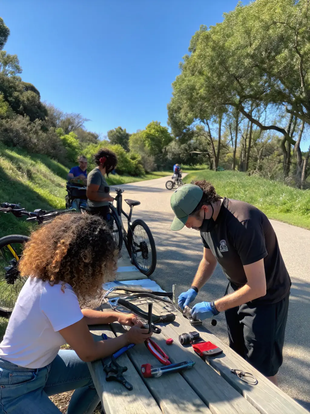 A team of volunteers working on trail maintenance, with signage and trail markers visible in the background.