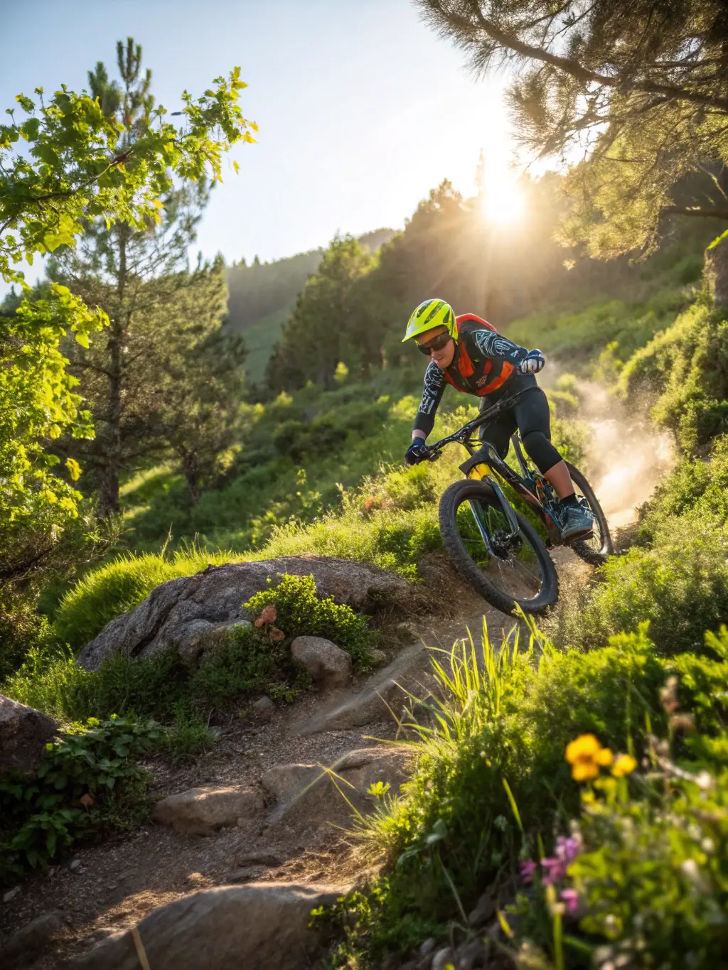 A photograph capturing a group of cyclists riding through a lush forest trail during a mountain biking outing organized by VTT LES PIGNONS LIBRES NOLAY.