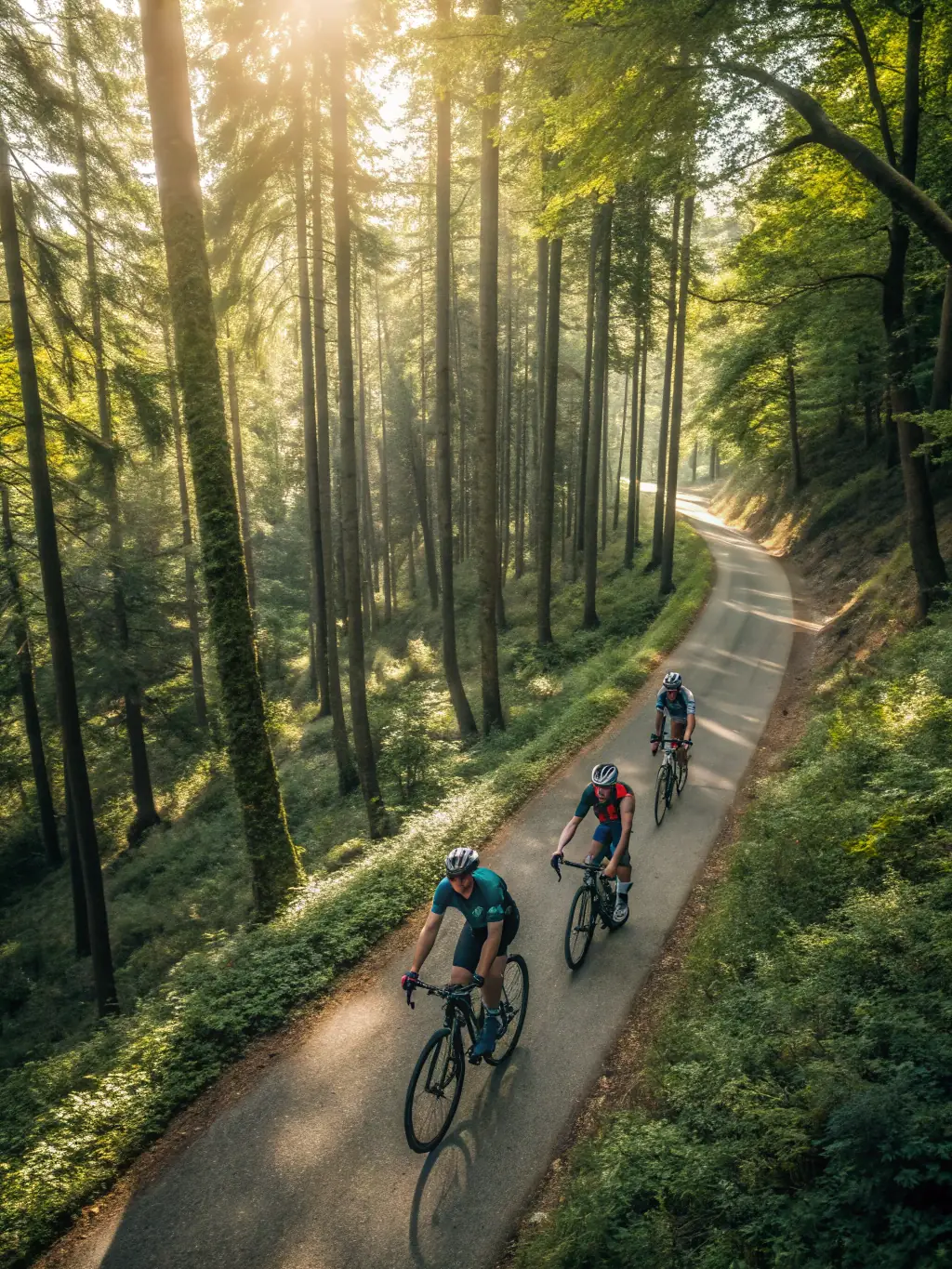 An action-packed photo from the 'Night Riders' event, capturing cyclists with illuminated bikes riding through the forest at night, creating a magical atmosphere.