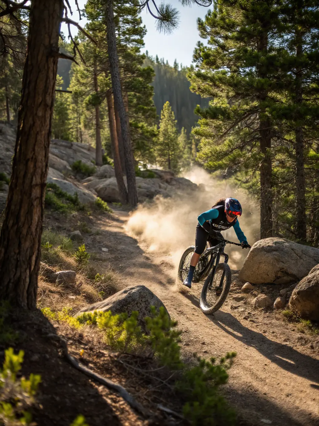 A cyclist skillfully navigating a challenging section of a mountain bike trail, showcasing technical riding skills and the thrill of off-road cycling.